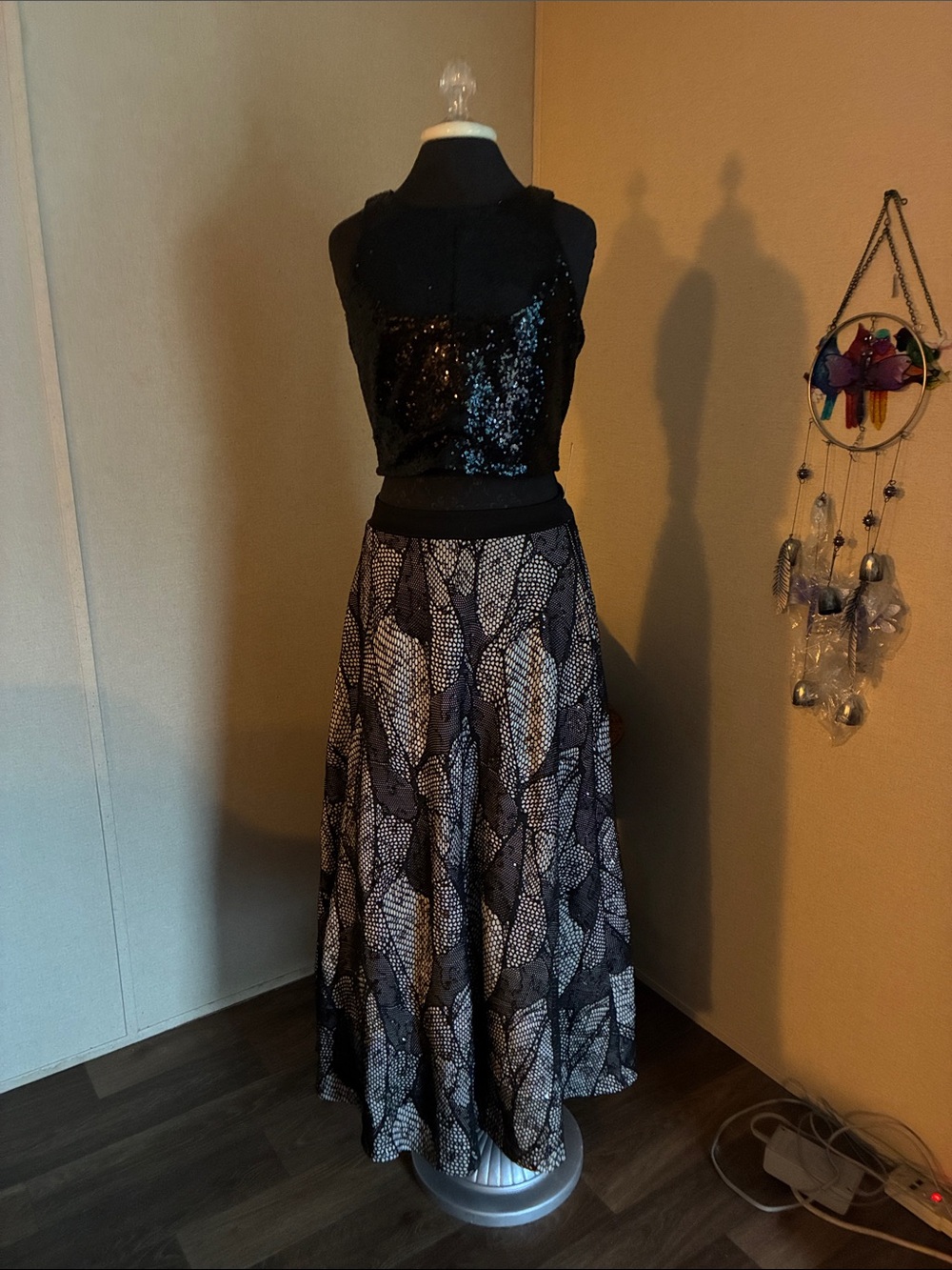 VENUS Black Sequined Waistband Maxi Skirt with Lace Pattern and sequin top.